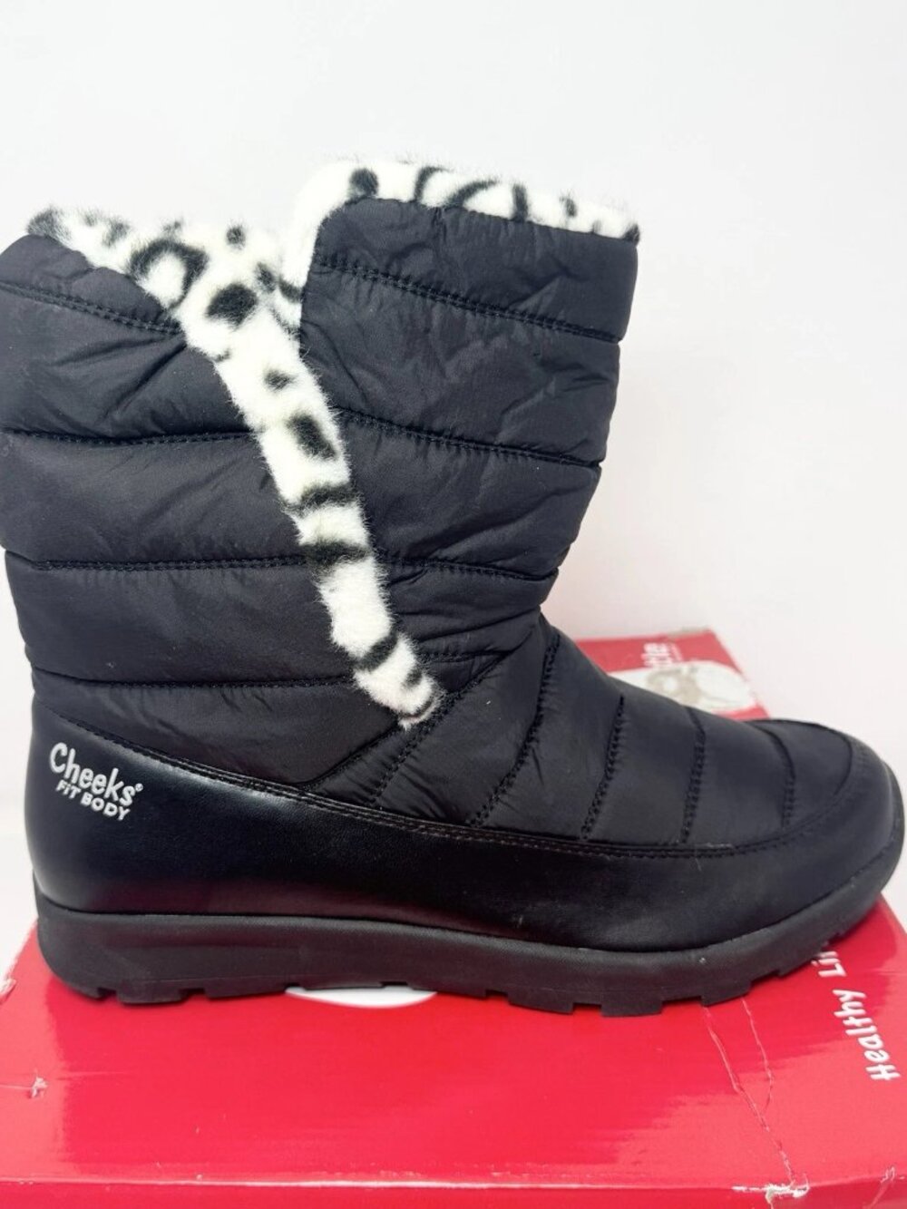 Tony Little Cheeks Puffer Boot Black w/Snow Leopard Trim Size 11 Wide New in Box